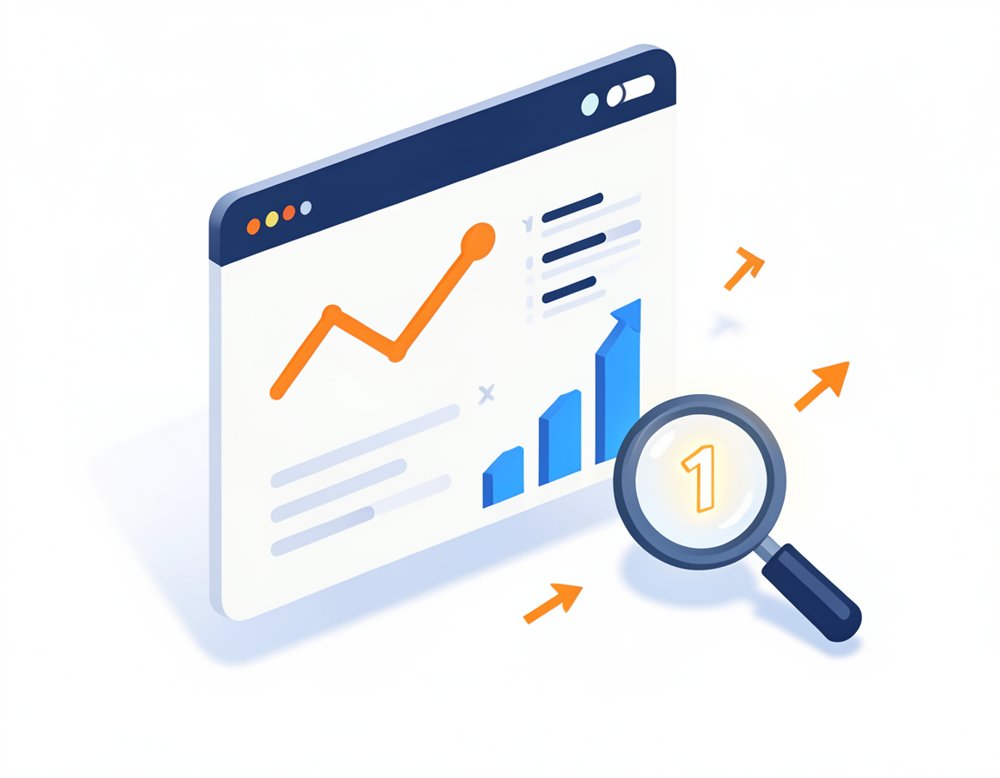 SEO results dashboard showing rising rankings, traffic and leads