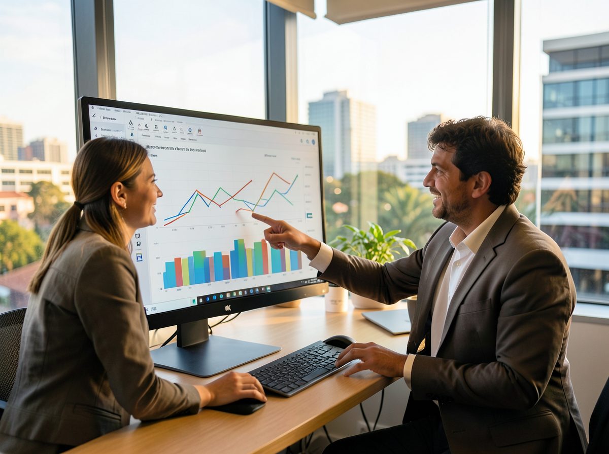 Two AI SEO specialists reviewing search visibility charts on a monitor in a Melbourne office