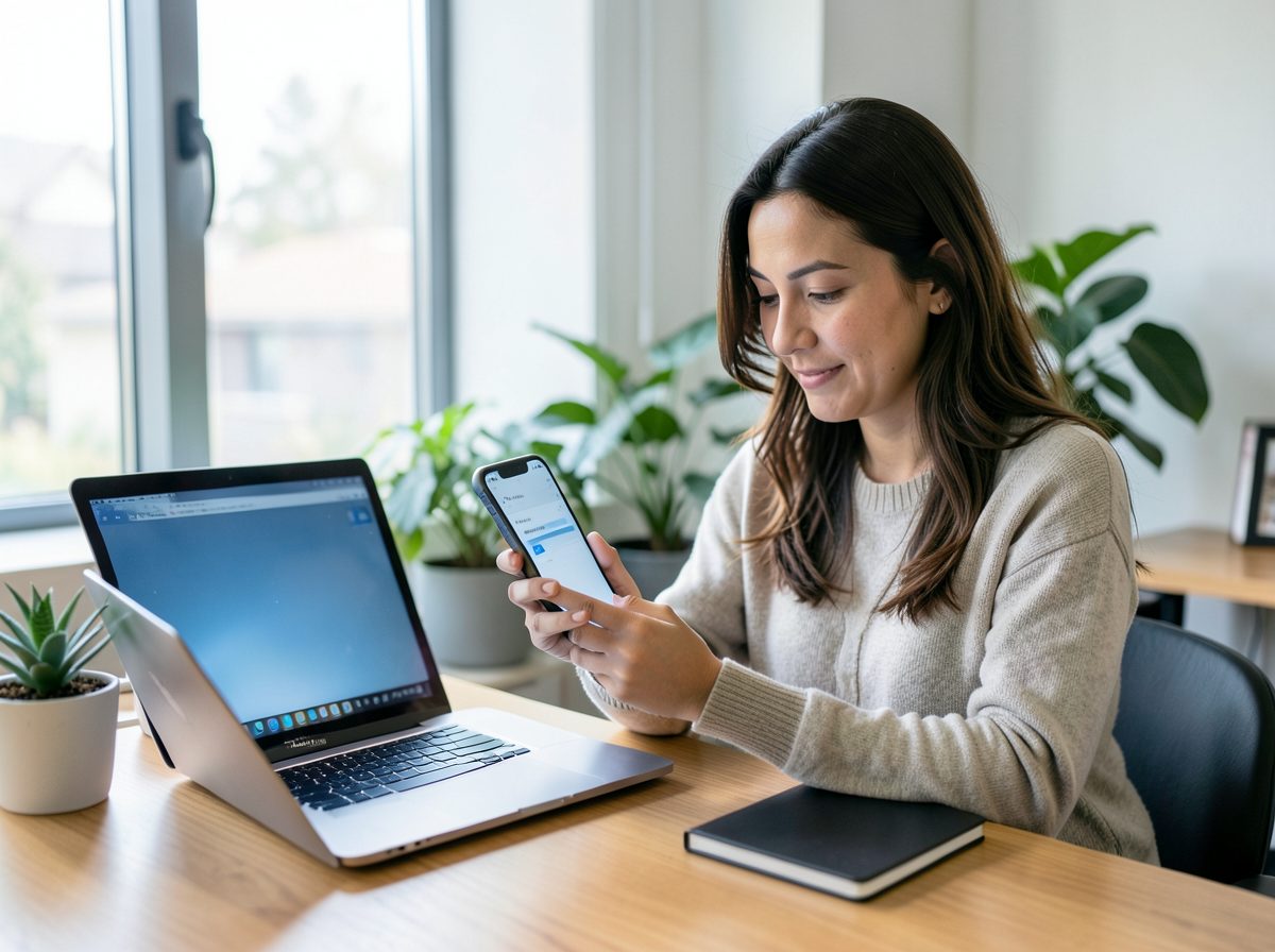 Melbourne small business owner checking an AI search answer on her phone at her office desk