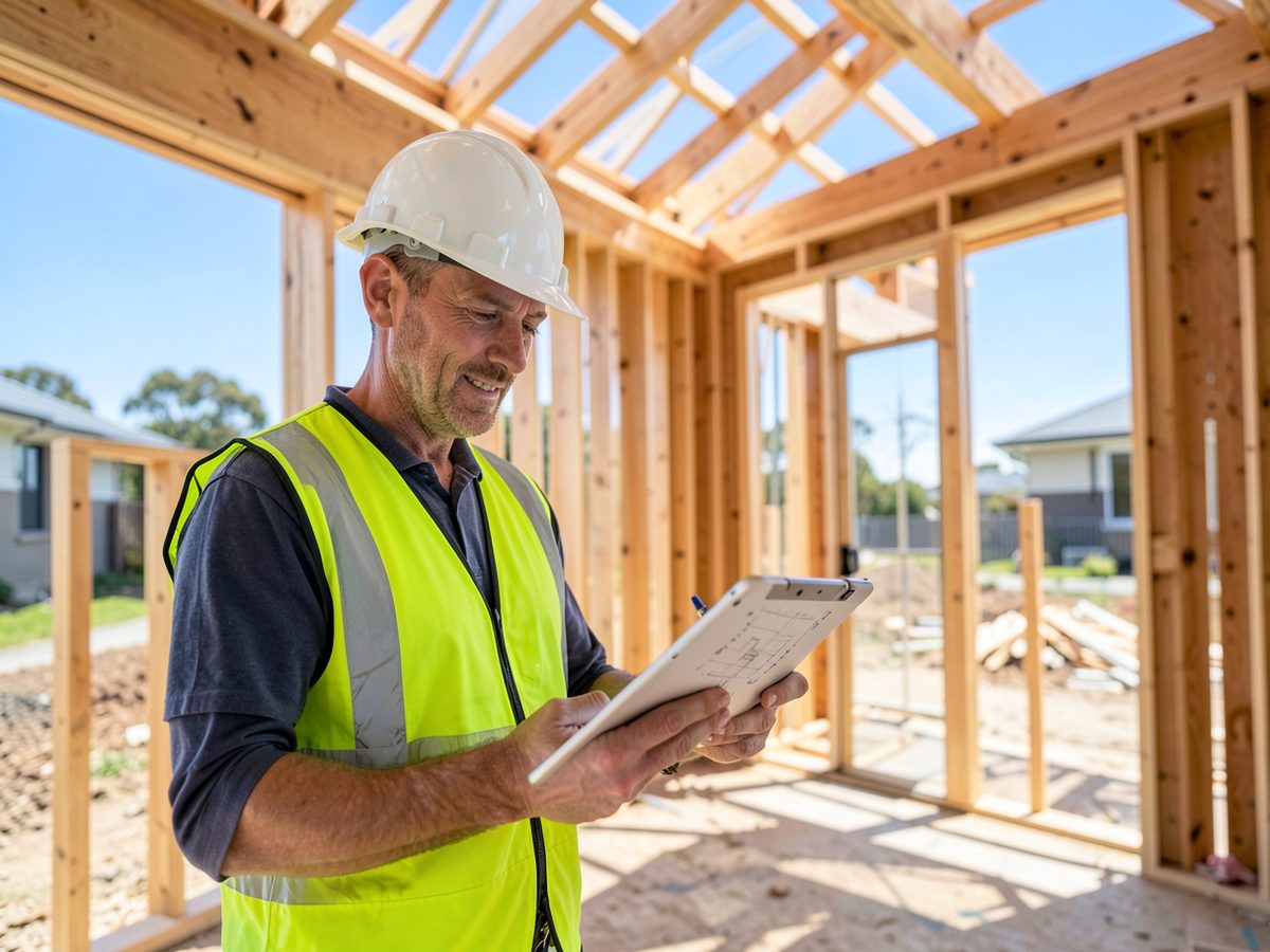 Builder reviewing plans on a timber-framed new home construction site in Melbourne