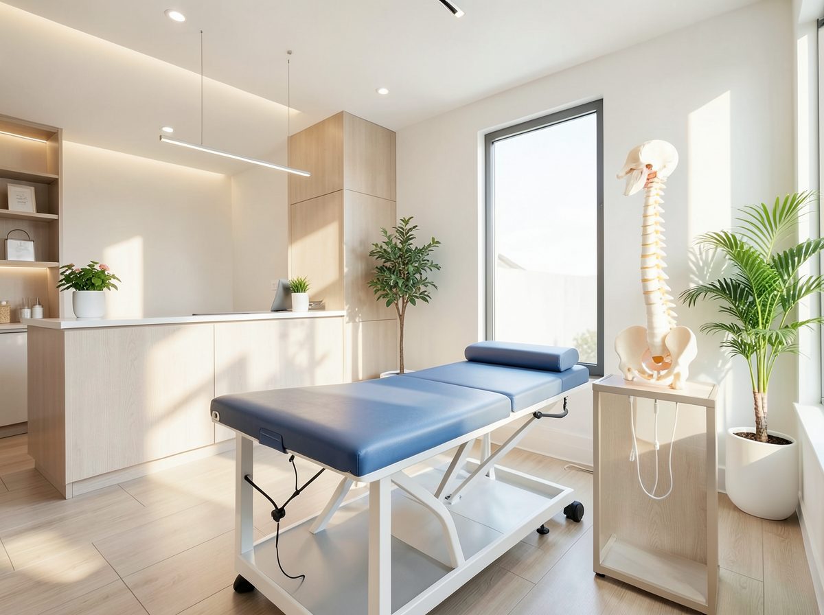 Modern Melbourne chiropractic clinic treatment room with adjustment table and spine model