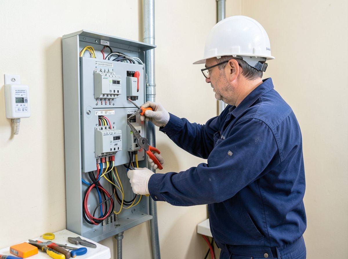 Professional electrician working on a home switchboard in Melbourne