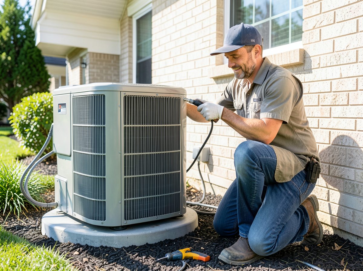 HVAC technician servicing an outdoor air conditioning unit at a Melbourne home