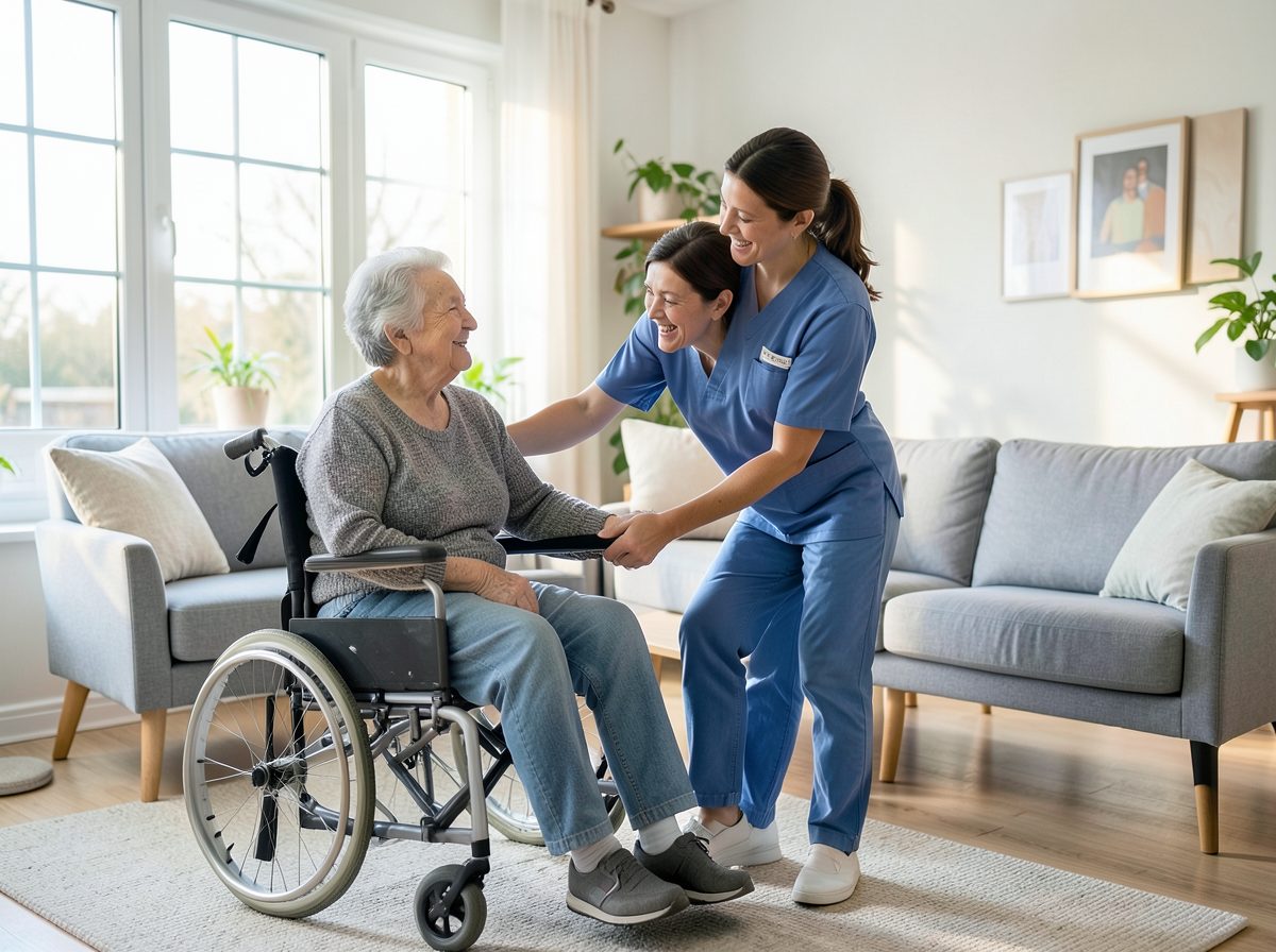 Support worker assisting a participant in a bright accessible living room