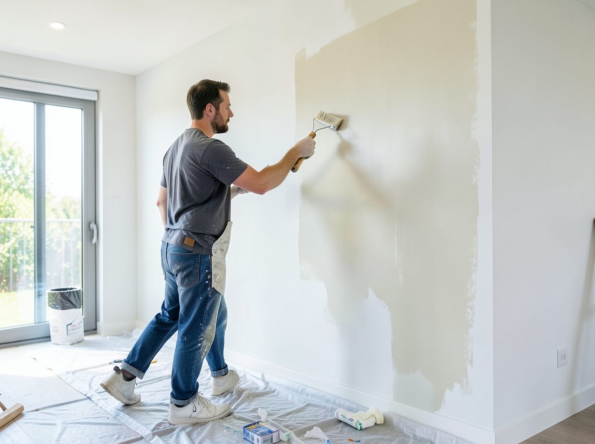 Professional painter rolling paint on an interior wall in a Melbourne home