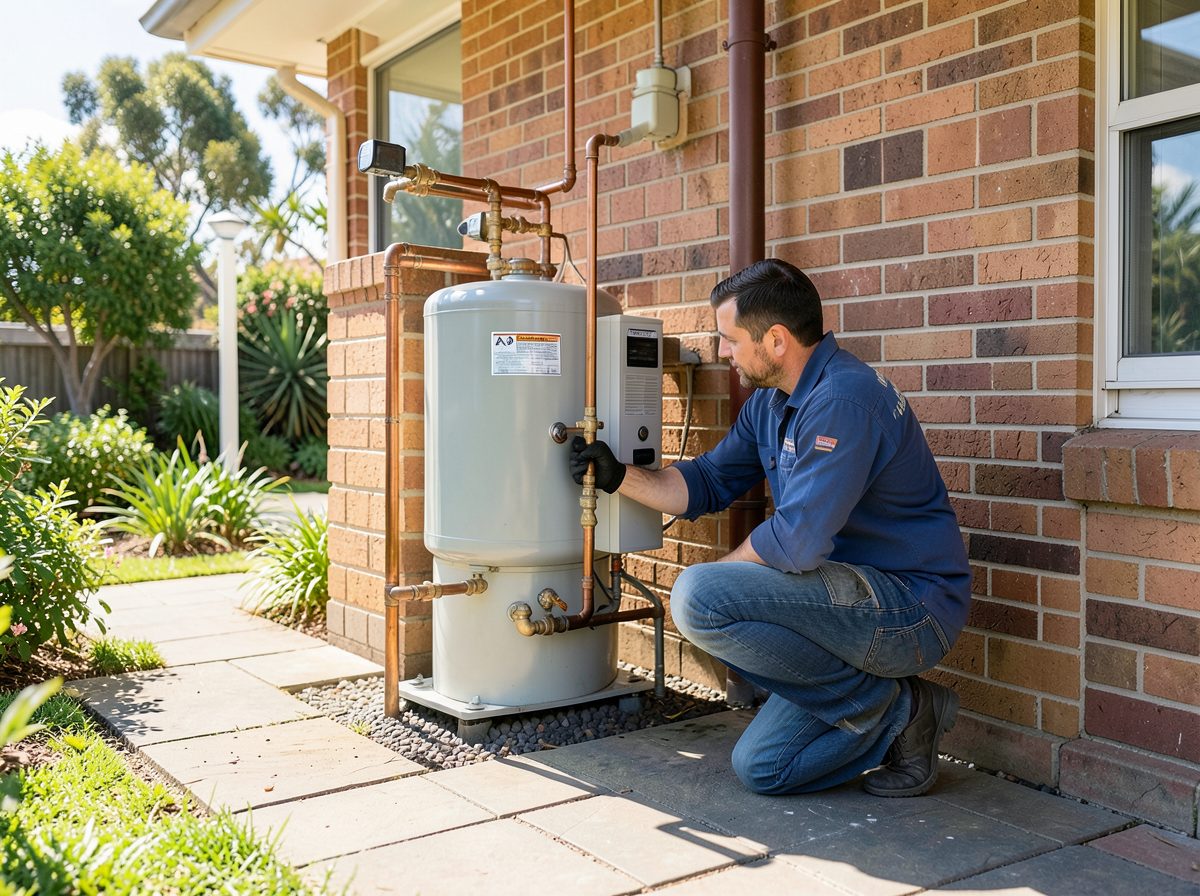 Professional plumber servicing an outdoor hot water system at a Melbourne home