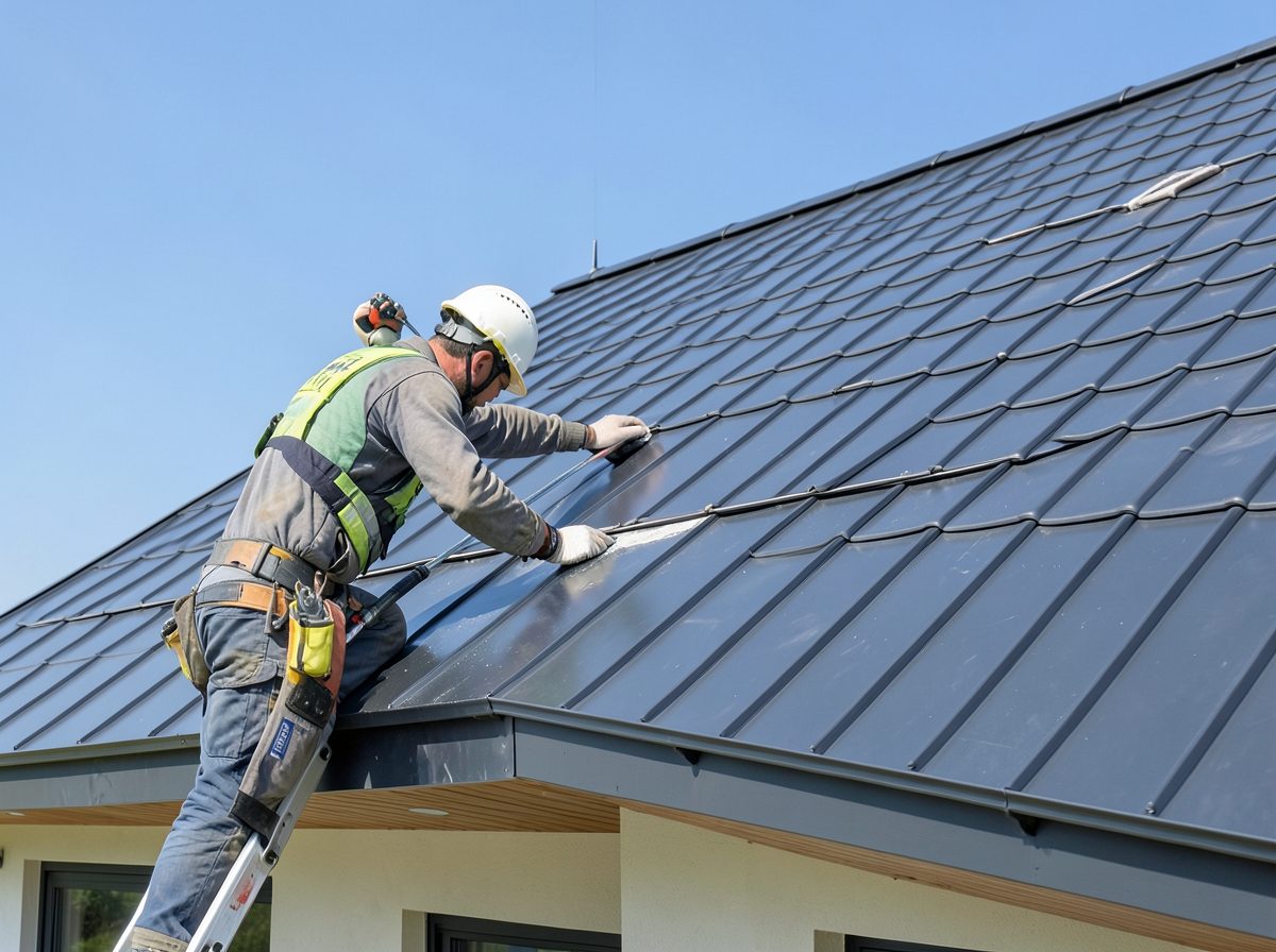 Professional roofer inspecting a modern roof in Melbourne under blue sky