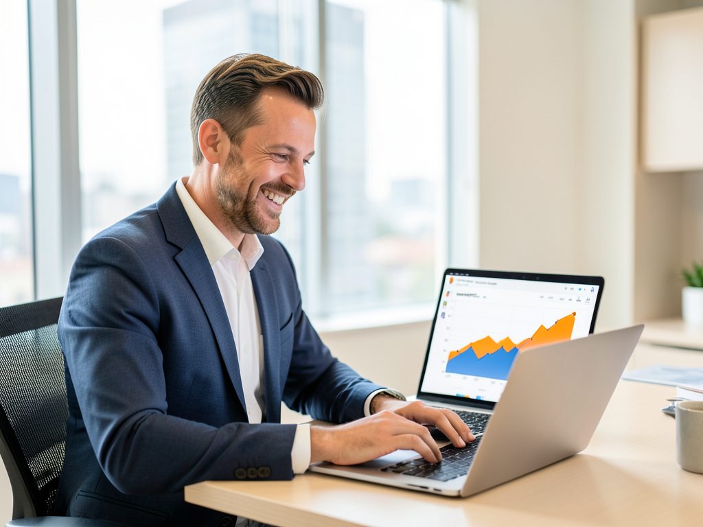 Happy Melbourne business owner reviewing rising SEO results on a laptop