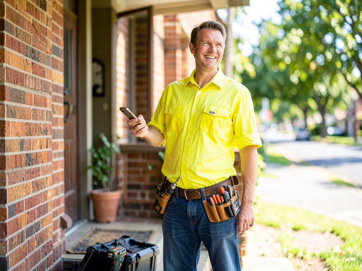Melbourne tradie in hi-vis checking a new job enquiry on his phone outside a suburban home